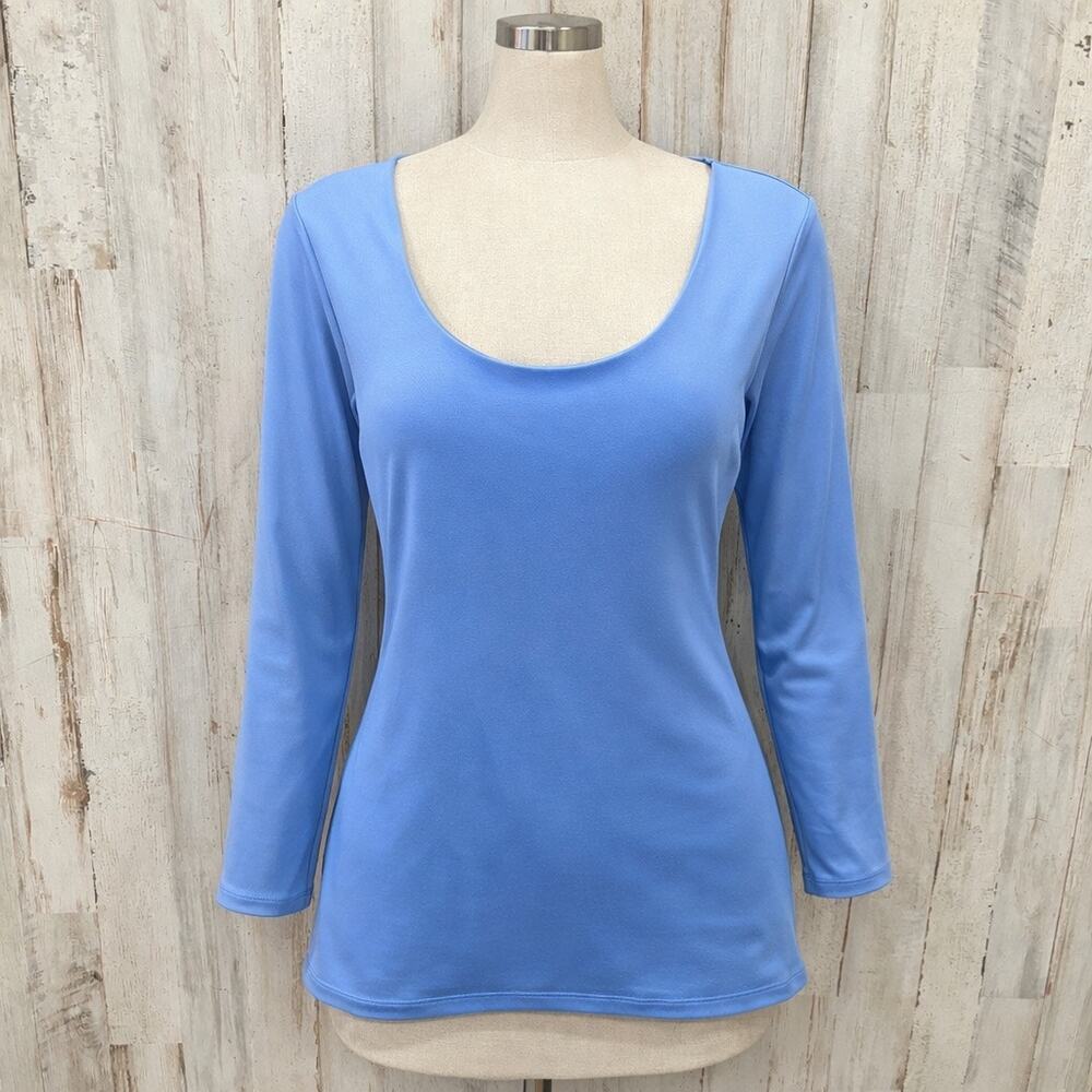 Boston Proper So Modern Scoop Neck Three Quarter Sleeve Top Cornflower Blue M